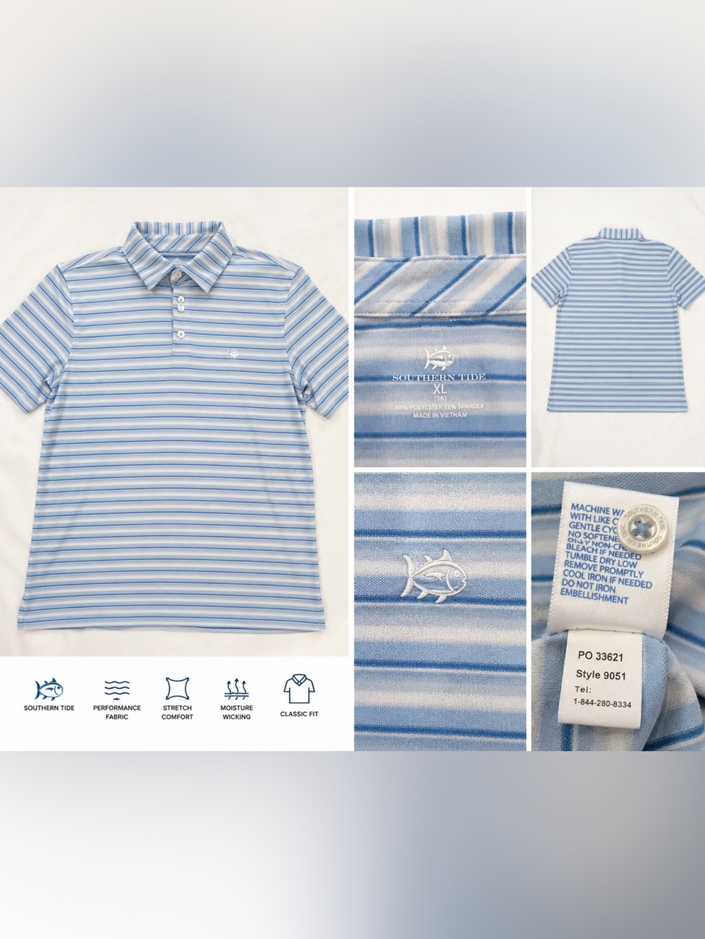 Southern Tide Boys XL (16) Performance Polo Blue Stripe Golf Shirt